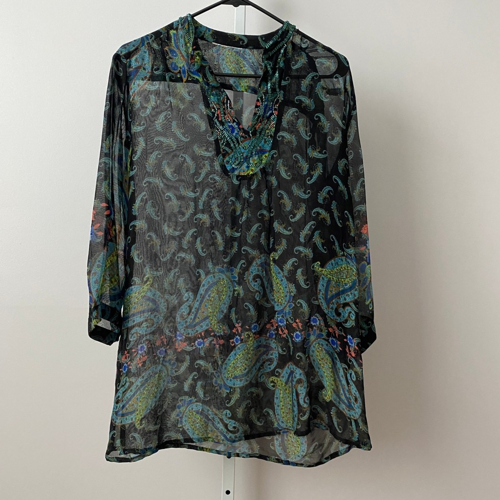 Boho OS Black Paisley Sheer Beaded Neckline Tunic Blouse Boho‎ Top
